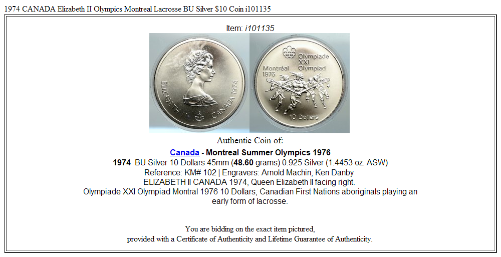 1974 CANADA Elizabeth II Olympics Montreal Lacrosse BU Silver $10 Coin i101135