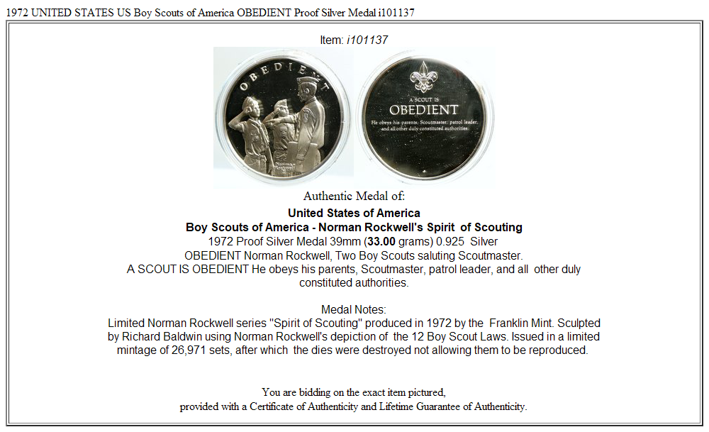 1972 UNITED STATES US Boy Scouts of America OBEDIENT Proof Silver Medal i101137