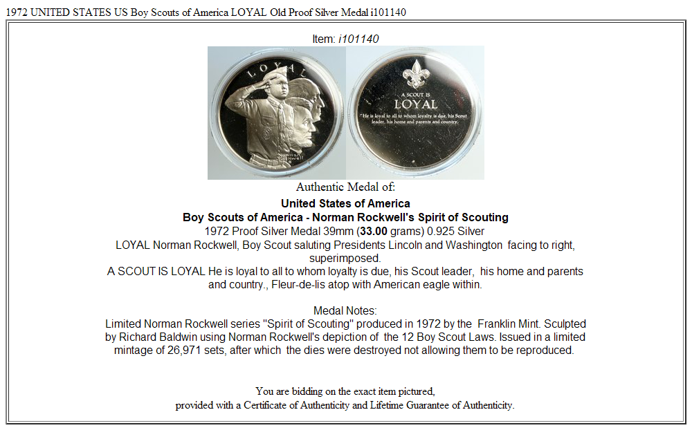 1972 UNITED STATES US Boy Scouts of America LOYAL Old Proof Silver Medal i101140