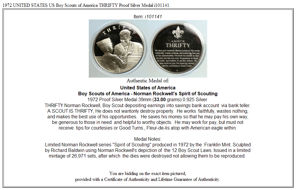 1972 UNITED STATES US Boy Scouts of America THRIFTY Proof Silver Medal i101141