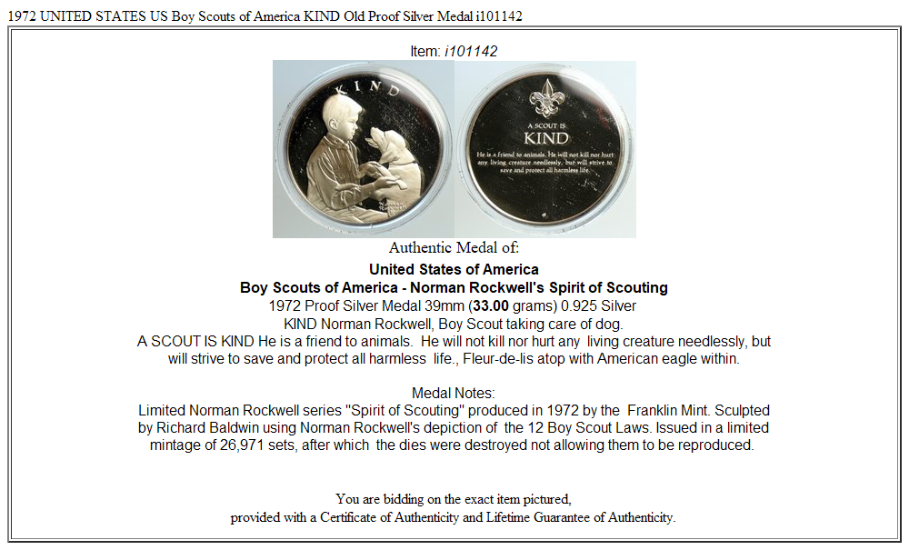 1972 UNITED STATES US Boy Scouts of America KIND Old Proof Silver Medal i101142