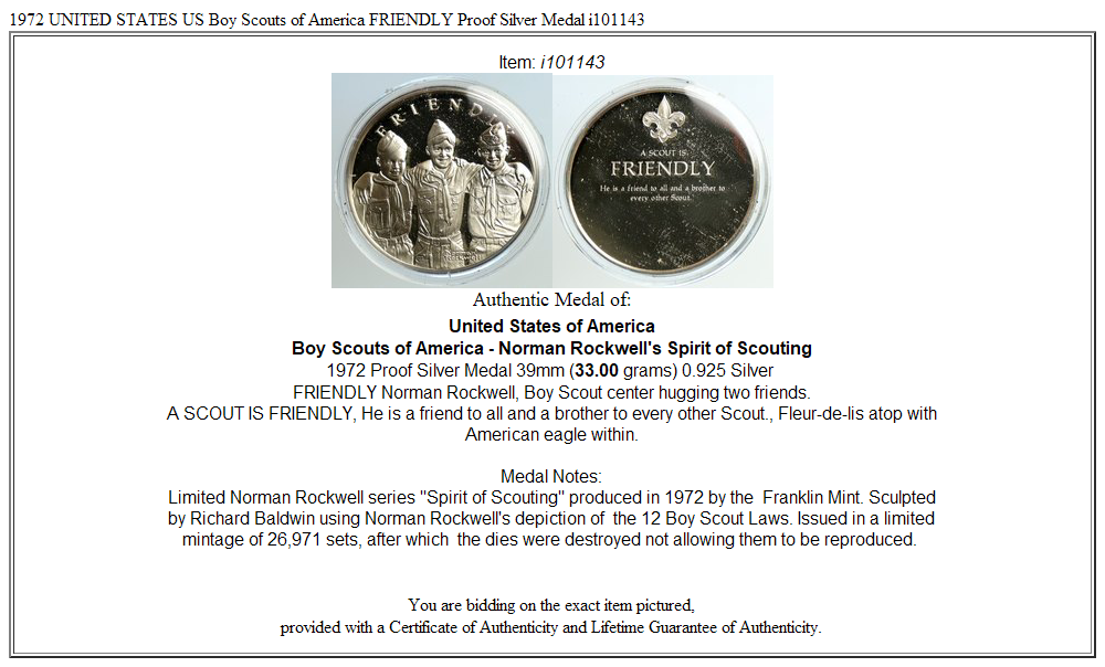 1972 UNITED STATES US Boy Scouts of America FRIENDLY Proof Silver Medal i101143