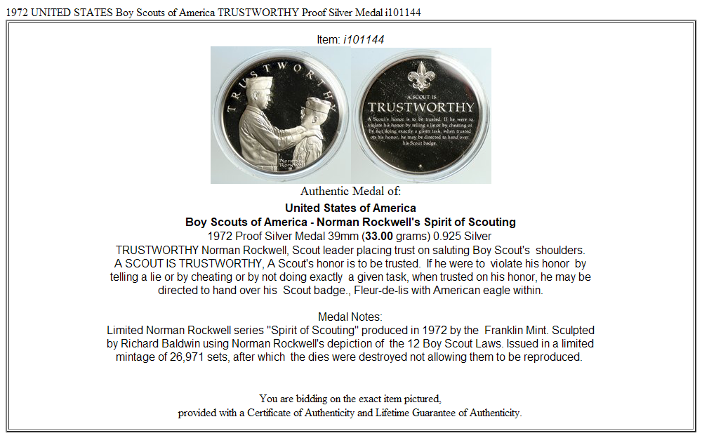 1972 UNITED STATES Boy Scouts of America TRUSTWORTHY Proof Silver Medal i101144