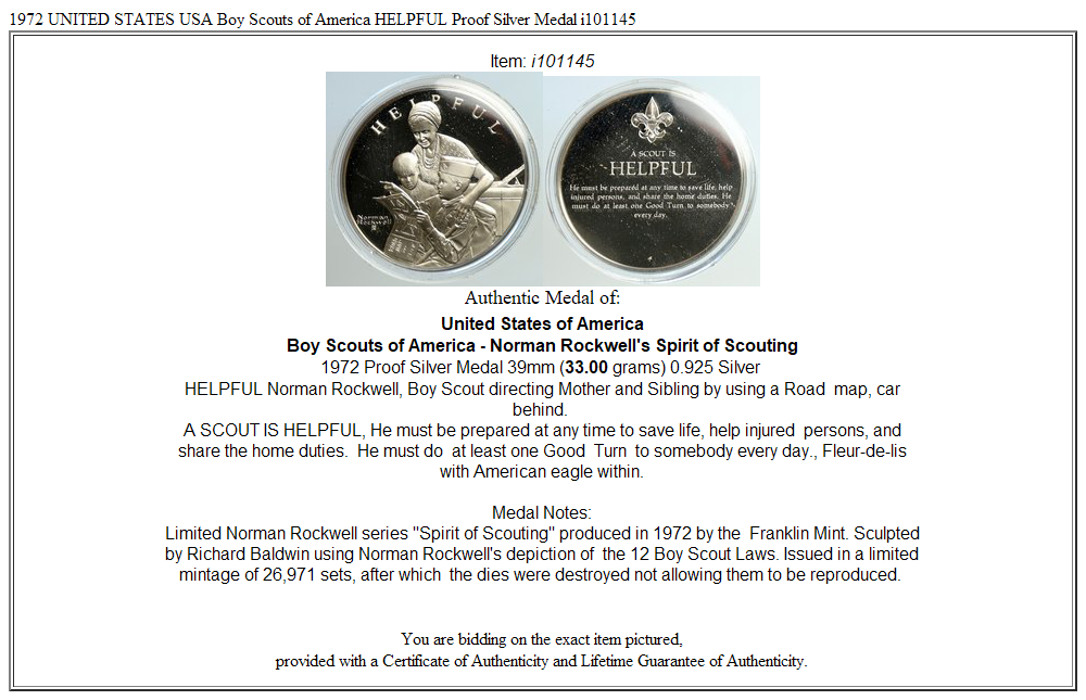 1972 UNITED STATES USA Boy Scouts of America HELPFUL Proof Silver Medal i101145