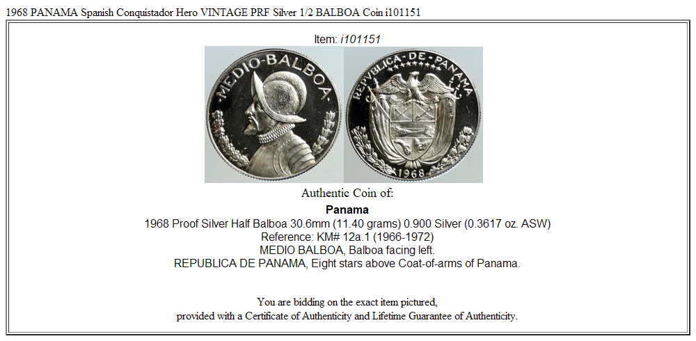 1968 PANAMA Spanish Conquistador Hero VINTAGE PRF Silver 1/2 BALBOA Coin i101151