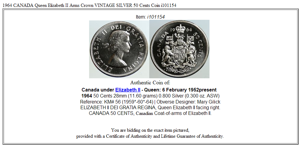 1964 CANADA Queen Elizabeth II Arms Crown VINTAGE SILVER 50 Cents Coin i101154