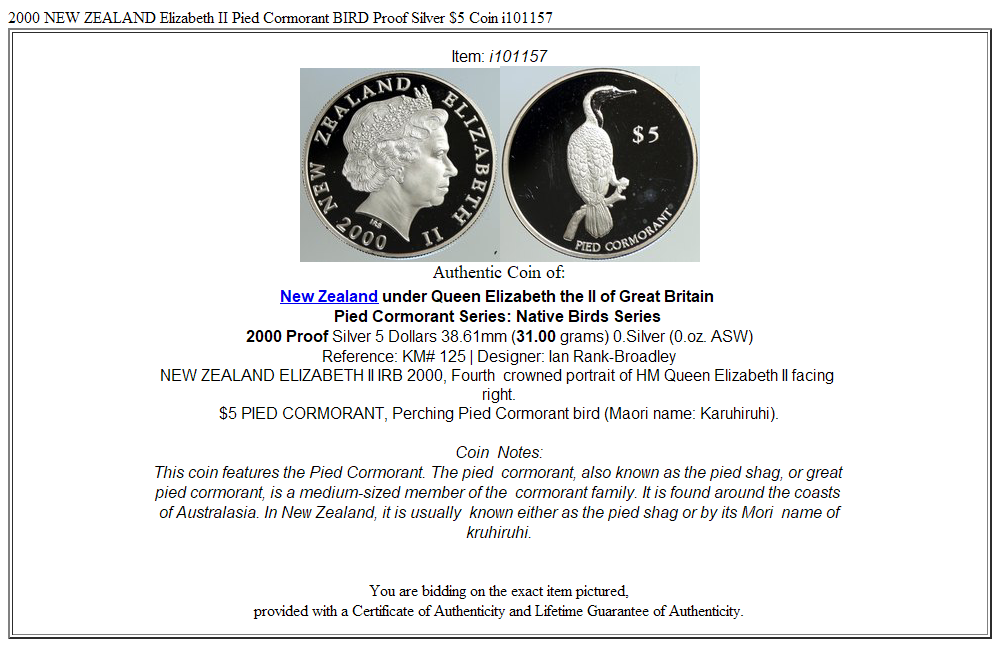 2000 NEW ZEALAND Elizabeth II Pied Cormorant BIRD Proof Silver $5 Coin i101157