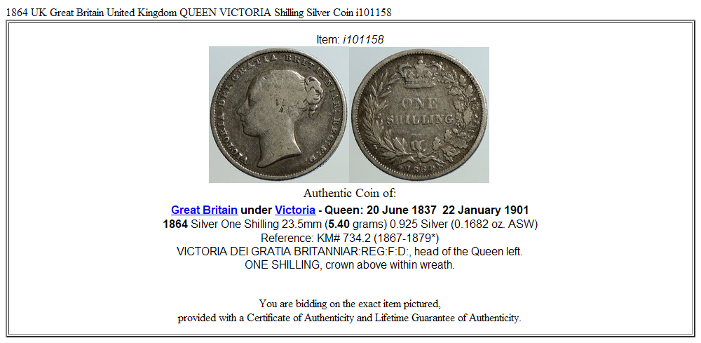 1864 UK Great Britain United Kingdom QUEEN VICTORIA Shilling Silver Coin i101158