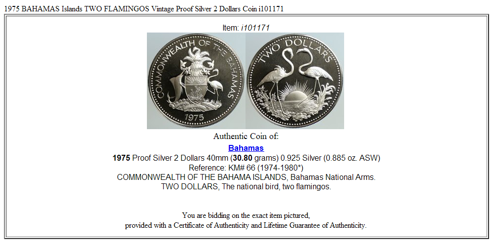 1975 BAHAMAS Islands TWO FLAMINGOS Vintage Proof Silver 2 Dollars Coin i101171