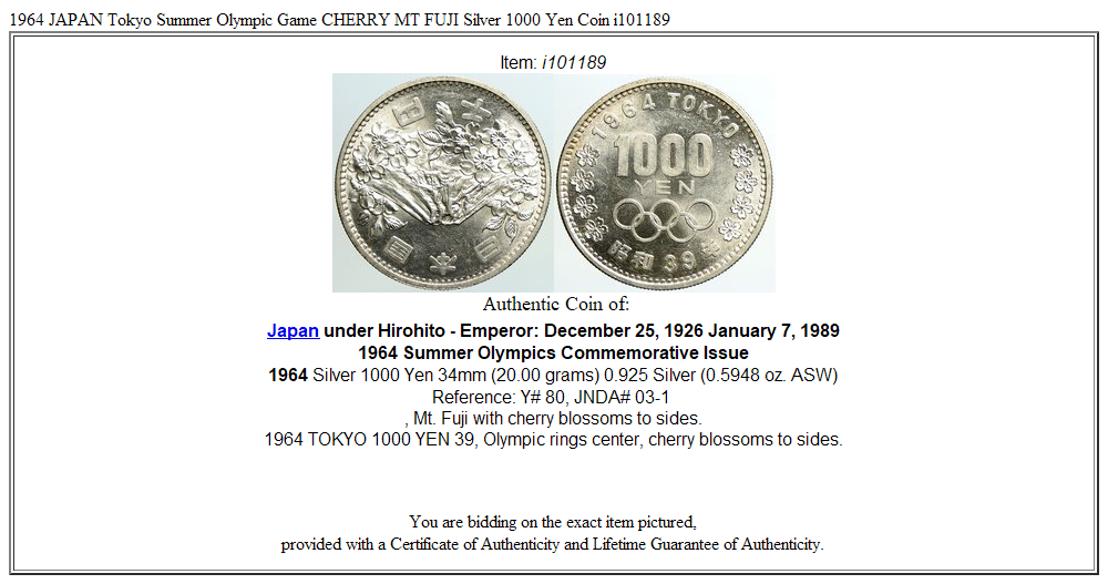 1964 JAPAN Tokyo Summer Olympic Game CHERRY MT FUJI Silver 1000 Yen Coin i101189