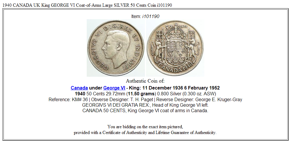 1940 CANADA UK King GEORGE VI Coat-of-Arms Large SILVER 50 Cents Coin i101190