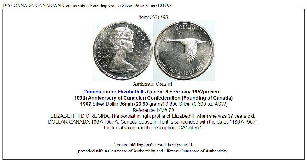 1967 CANADA CANADIAN Confederation Founding Goose Silver Dollar Coin i101193