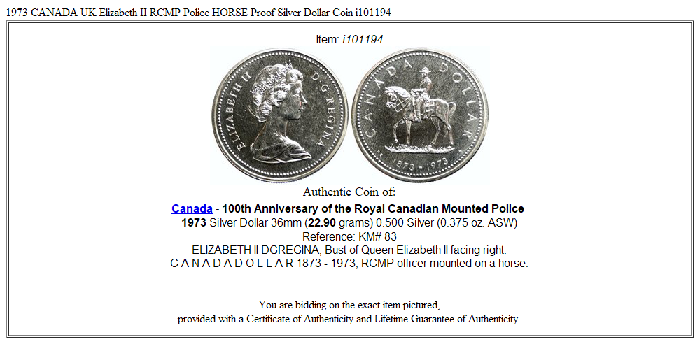 1973 CANADA UK Elizabeth II RCMP Police HORSE Proof Silver Dollar Coin i101194