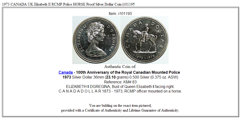 1973 CANADA UK Elizabeth II RCMP Police HORSE Proof Silver Dollar Coin i101195