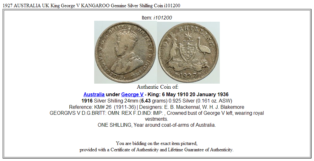 1927 AUSTRALIA UK King George V KANGAROO Genuine Silver Shilling Coin i101200