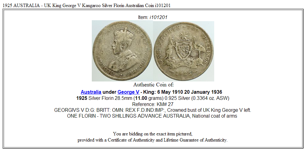 1925 AUSTRALIA - UK King George V Kangaroo Silver Florin Australian Coin i101201