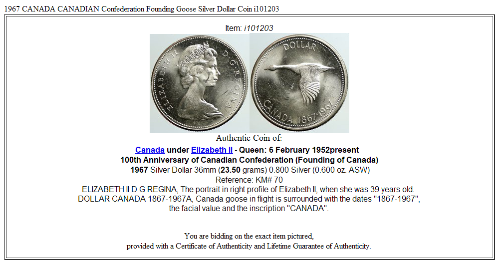 1967 CANADA CANADIAN Confederation Founding Goose Silver Dollar Coin i101203