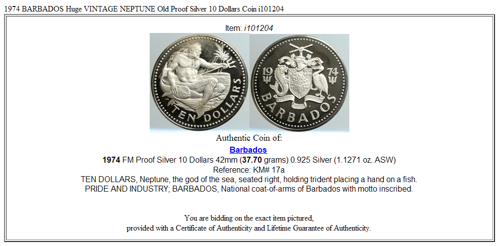 1974 BARBADOS Huge VINTAGE NEPTUNE Old Proof Silver 10 Dollars Coin i101204