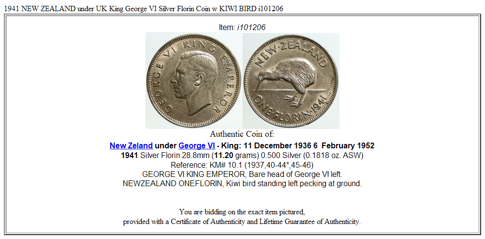 1941 NEW ZEALAND under UK King George VI Silver Florin Coin w KIWI BIRD i101206