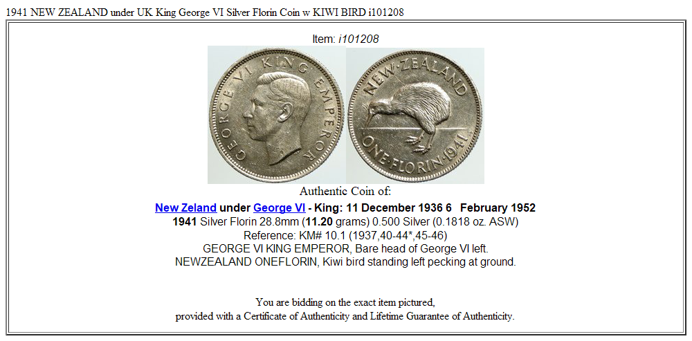 1941 NEW ZEALAND under UK King George VI Silver Florin Coin w KIWI BIRD i101208