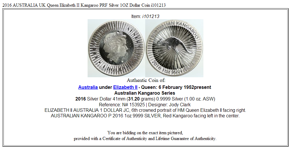 2016 AUSTRALIA UK Queen Elizabeth II Kangaroo PRF Silver 1OZ Dollar Coin i101213