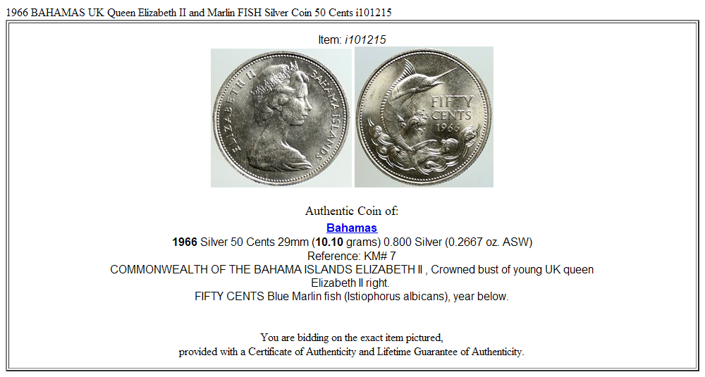 1966 BAHAMAS UK Queen Elizabeth II and Marlin FISH Silver Coin 50 Cents i101215