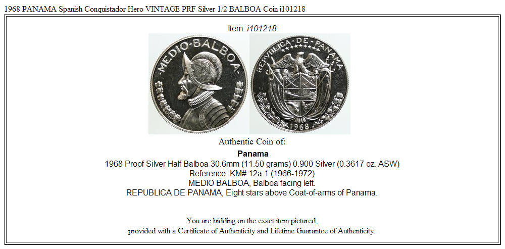 1968 PANAMA Spanish Conquistador Hero VINTAGE PRF Silver 1/2 BALBOA Coin i101218