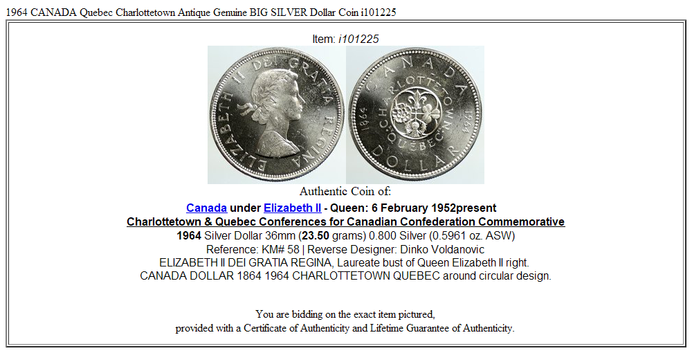 1964 CANADA Quebec Charlottetown Antique Genuine BIG SILVER Dollar Coin i101225