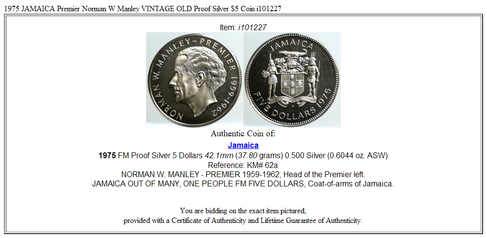 1975 JAMAICA Premier Norman W Manley VINTAGE OLD Proof Silver $5 Coin i101227