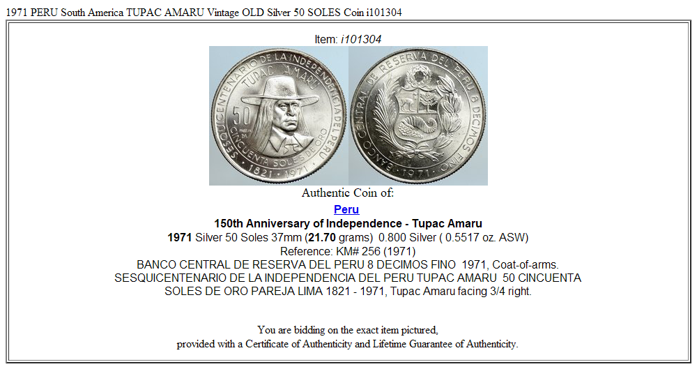 1971 PERU South America TUPAC AMARU Vintage OLD Silver 50 SOLES Coin i101304