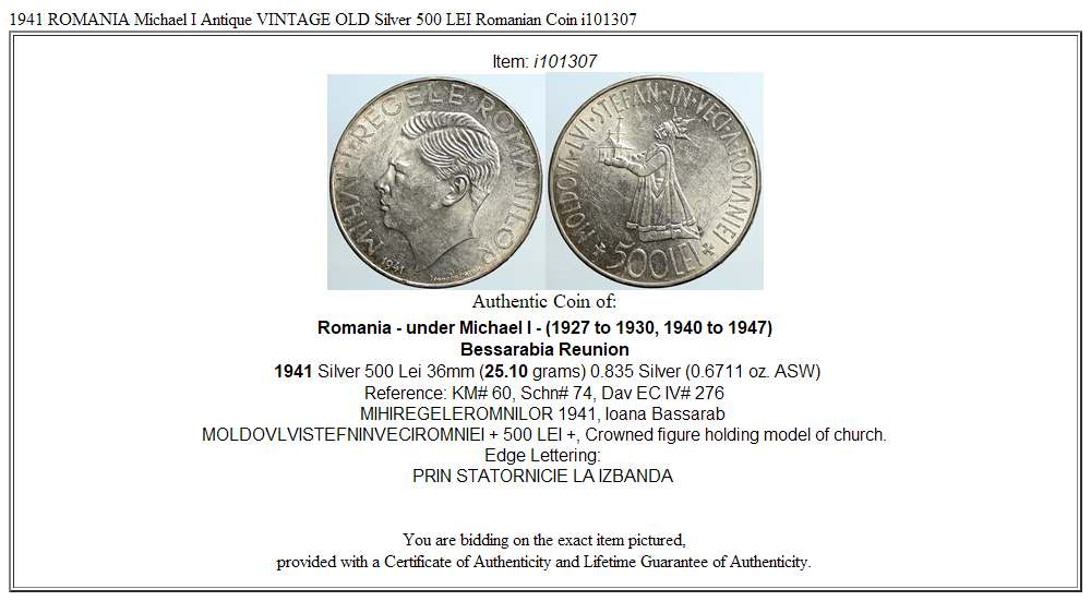 1941 ROMANIA Michael I Antique VINTAGE OLD Silver 500 LEI Romanian Coin i101307