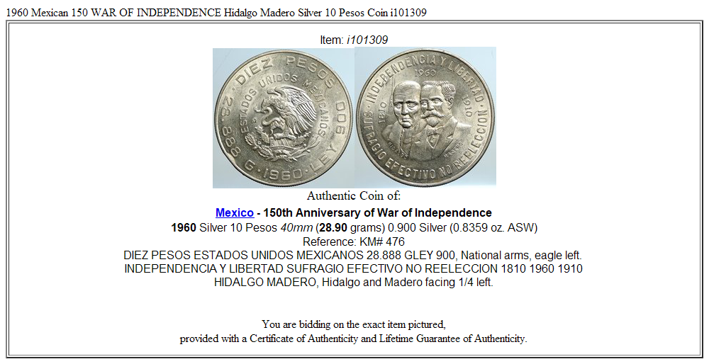 1960 Mexican 150 WAR OF INDEPENDENCE Hidalgo Madero Silver 10 Pesos Coin i101309