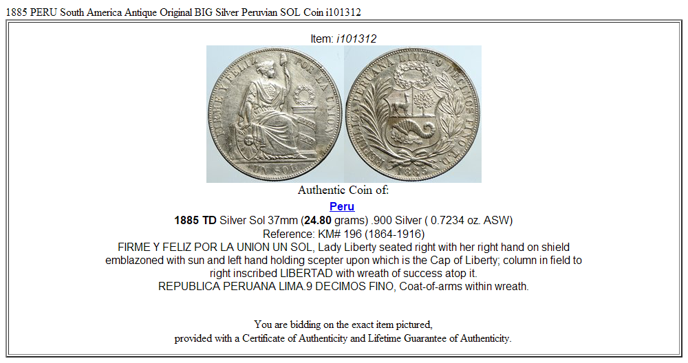 1885 PERU South America Antique Original BIG Silver Peruvian SOL Coin i101312