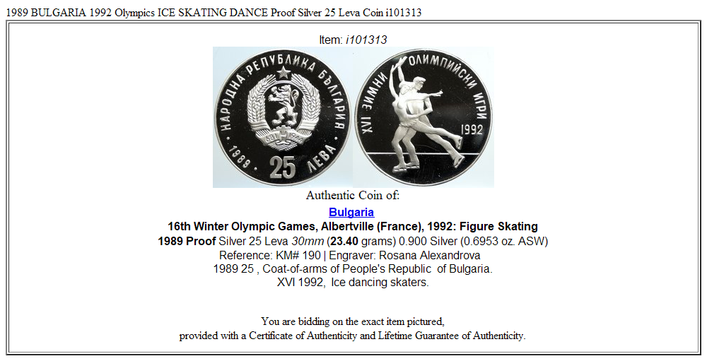 1989 BULGARIA 1992 Olympics ICE SKATING DANCE Proof Silver 25 Leva Coin i101313