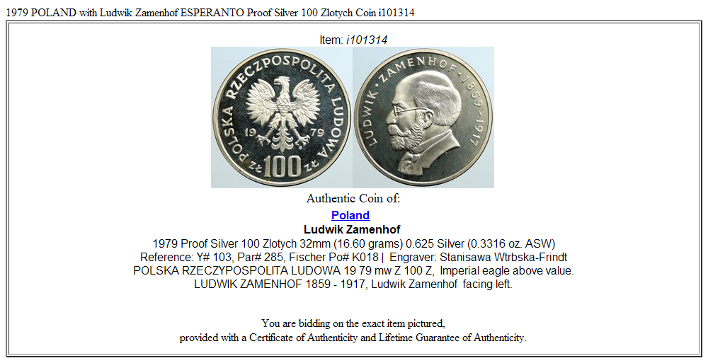 1979 POLAND with Ludwik Zamenhof ESPERANTO Proof Silver 100 Zlotych Coin i101314