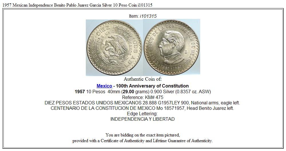 1957 Mexican Independence Benito Pablo Juarez Garcia Silver 10 Peso Coin i101315