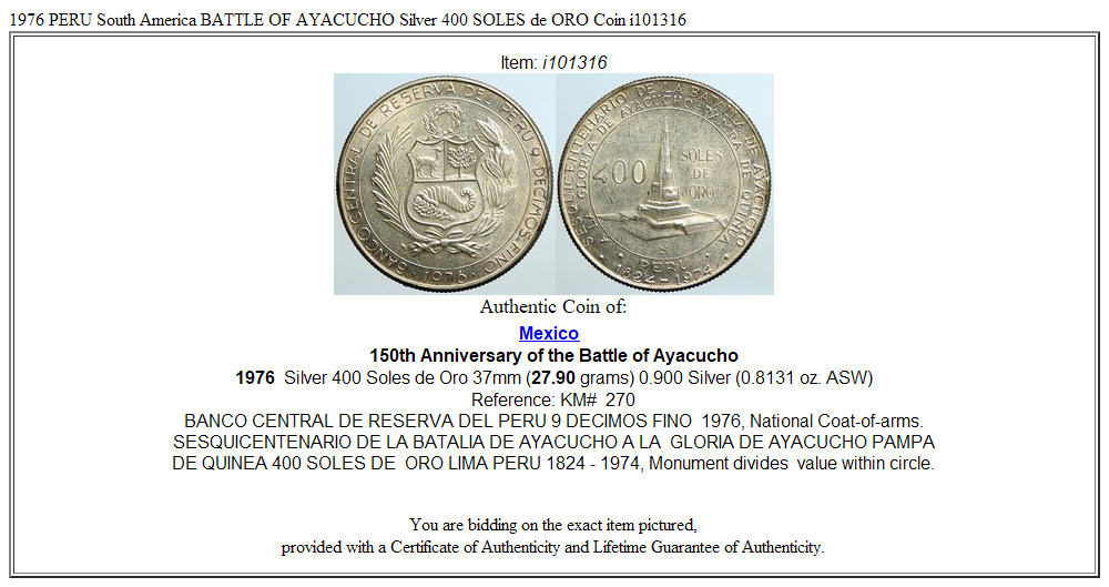 1976 PERU South America BATTLE OF AYACUCHO Silver 400 SOLES de ORO Coin i101316