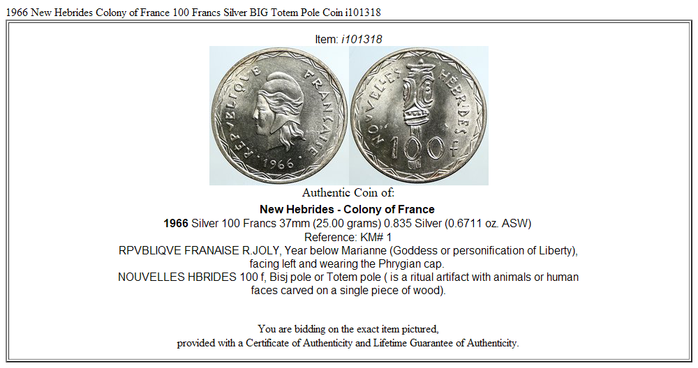 1966 New Hebrides Colony of France 100 Francs Silver BIG Totem Pole Coin i101318