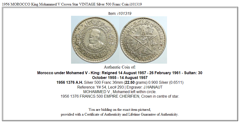 1956 MOROCCO King Mohammed V Crown Star VINTAGE Silver 500 Franc Coin i101319