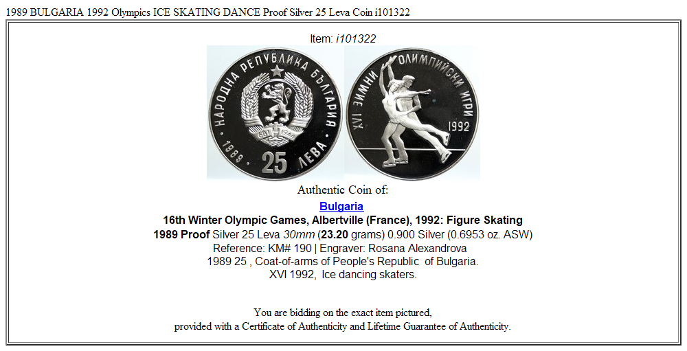 1989 BULGARIA 1992 Olympics ICE SKATING DANCE Proof Silver 25 Leva Coin i101322