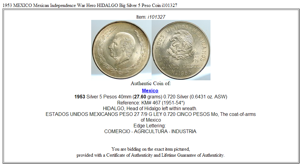 1953 MEXICO Mexican Independence War Hero HIDALGO Big Silver 5 Peso Coin i101327