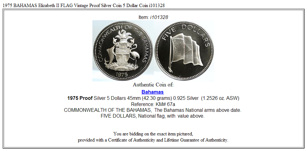 1975 BAHAMAS Elizabeth II FLAG Vintage Proof Silver Coin 5 Dollar Coin i101328