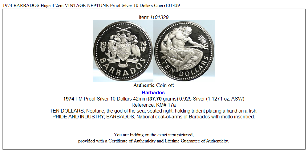 1974 BARBADOS Huge 4.2cm VINTAGE NEPTUNE Proof Silver 10 Dollars Coin i101329