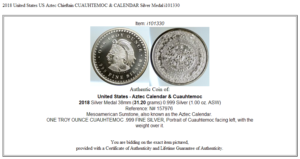 2018 United States US Aztec Chieftain CUAUHTEMOC & CALENDAR Silver Medal i101330