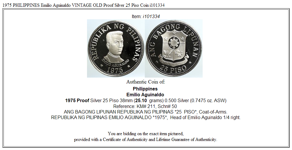 1975 PHILIPPINES Emilio Aguinaldo VINTAGE OLD Proof Silver 25 Piso Coin i101334