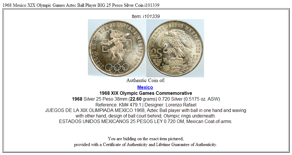 1968 Mexico XIX Olympic Games Aztec Ball Player BIG 25 Pesos Silver Coin i101339