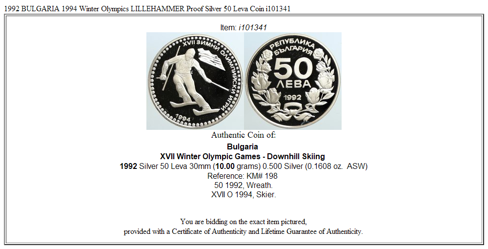 1992 BULGARIA 1994 Winter Olympics LILLEHAMMER Proof Silver 50 Leva Coin i101341