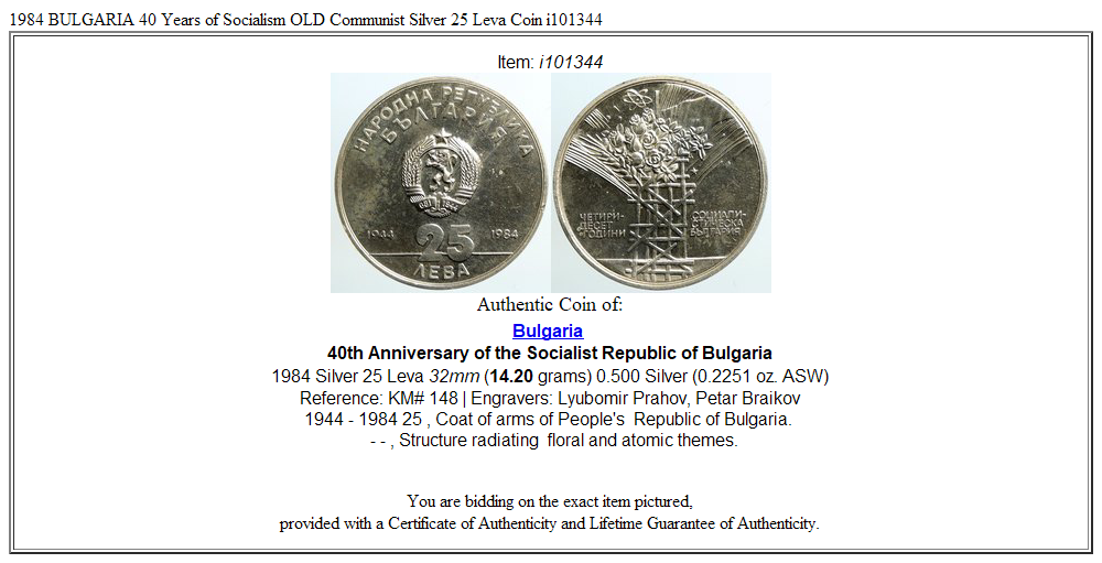 1984 BULGARIA 40 Years of Socialism OLD Communist Silver 25 Leva Coin i101344