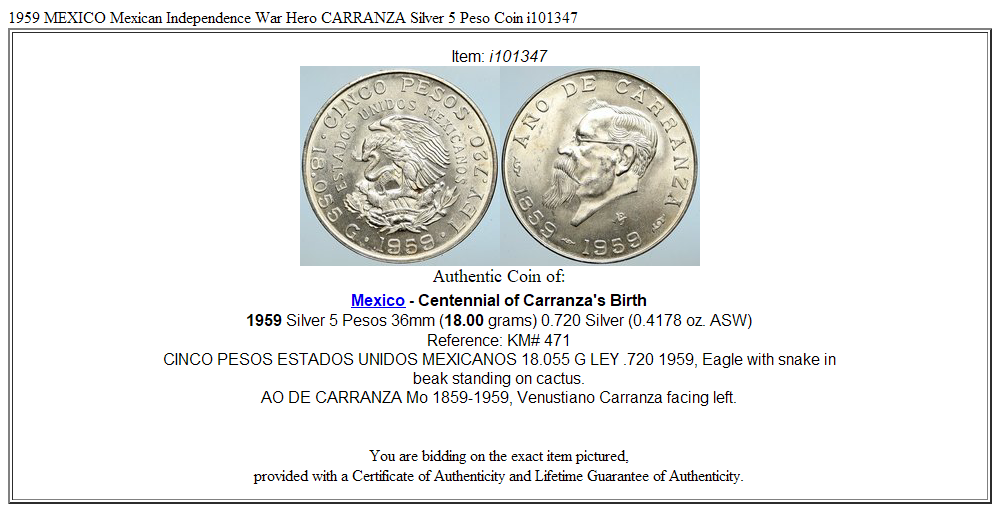 1959 MEXICO Mexican Independence War Hero CARRANZA Silver 5 Peso Coin i101347