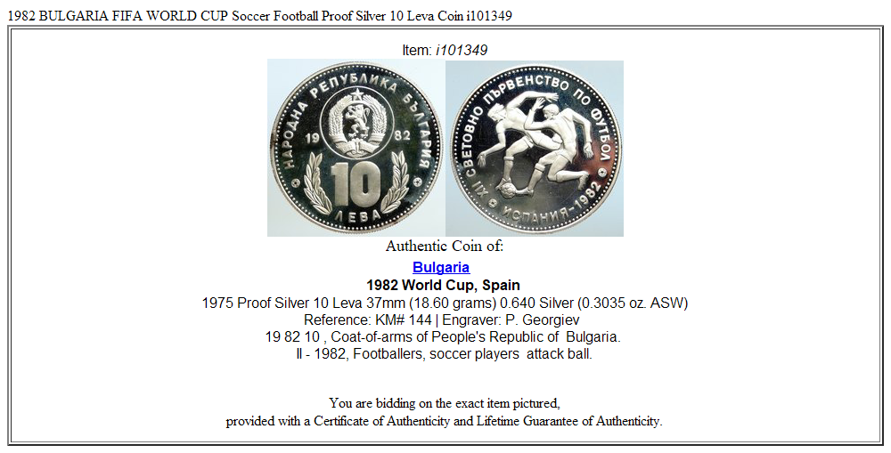 1982 BULGARIA FIFA WORLD CUP Soccer Football Proof Silver 10 Leva Coin i101349